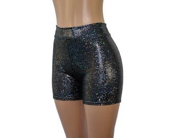 Black Hologram High Waist Biker Spandex Shorts - Shiny and Stretchy!