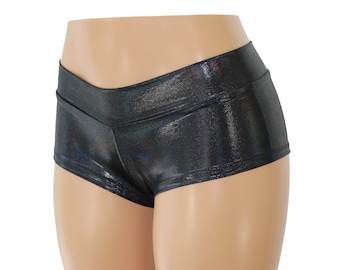 Schwarze, schimmernde Spandex-Booty-Shorts – Hüftig geschnittene, freche Rave-Shorts