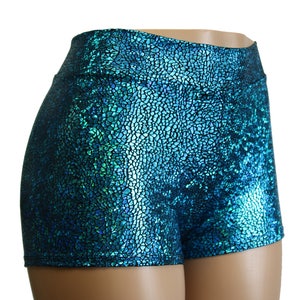 20 Colors High Waist Booty Shorts in a Shiny Holographic Mosaic Spandex.  Child, Adult, Plus Sizes!