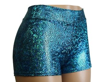 Holographic Mosaic Booty Shorts: Shiny Spandex High Waist