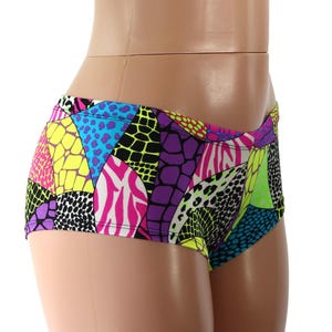 Neon Patchwork Booty Shorts: Blacklight Reactive Rave Wear