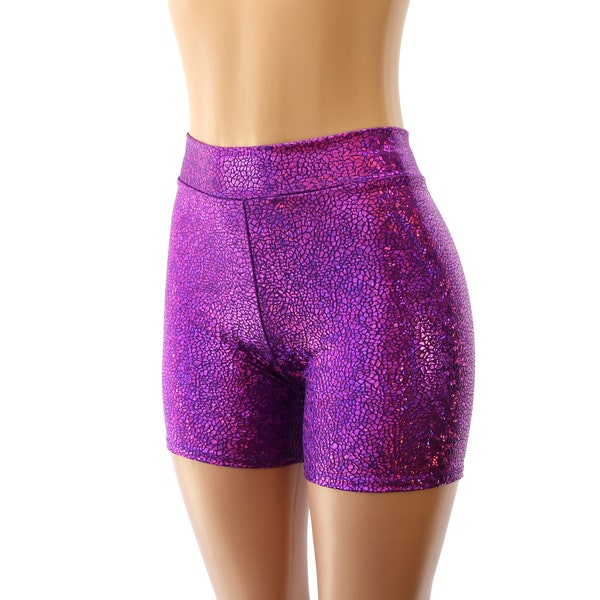 20 COLORS - High Waist Biker Booty Shorts in a Shiny Hologram Spandex - Child, Adult, Plus Sizes - Raves, Roller Derby, Dance, Festival