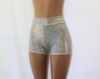 Weiß Silber Glitzernde Holographische Hohe Taille Booty Shorts. Freche oder normale Länge.