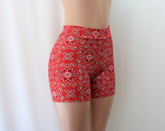 Red Bandana Paisley Biker Booty Shorts.  High Waist in Adult and Plus Sizes.