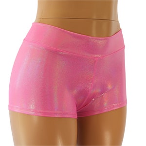 Shorts de cintura média iridescente rosa neon. Criança, Adulto, Tamanhos Plus. Luz UV Glow Party, Raves, Festivais, Pole Dancer