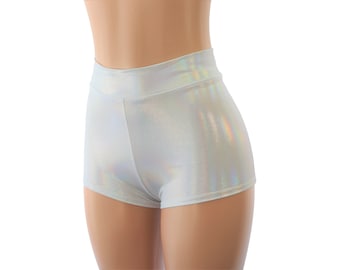 White Mirror Hologram Spandex High Waist Cheeky Booty Shorts - Adult and Plus Sizes - Great for Raves Black Light, Festivals, Concerts...
