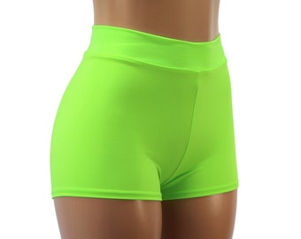 Neon Green Matte Spandex High Waist Modest Length Shorts - Super UV Blacklight Reactive!