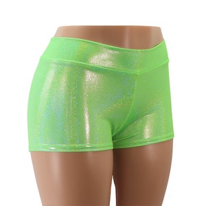 Shorts Holograma Mid Rise Booty Verde Neon. Preto Refletivo de Luz UV!