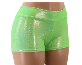 Neon Green Hologram Mid Rise Spandex Booty Shorts.  Black UV Light Reflective!