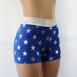 Silver Metallic Stars on Royal Blue Spandex - High Waist Booty Shorts