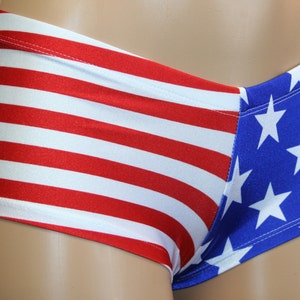 American Flag USA Stars and Stripes LOW rise and CHEEKY Booty Shorts.  Great for Festivals, Raves, Pole Dancers, Patriotic Parties, Fitness