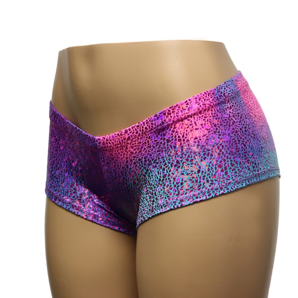 Tie Dye Pink and Turquoise Low Rise Cheeky Booty Shorts - Adult and Plus Sizes - Raves, Festivals, Pole Fitness, Yoga, Workout, Gym