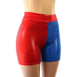 Red & Blue Sparkly Hologram Biker Booty Shorts | High Waist | Great for July 4th, Music Concerts, Festivals, Comic Con Cosplay, Costumes