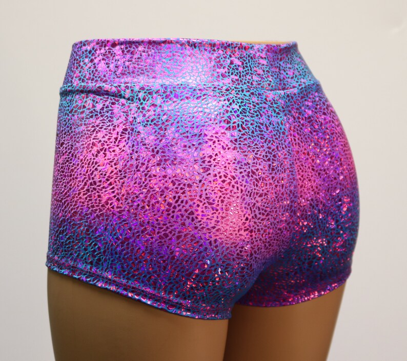 purple metallic booty shorts