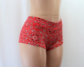 Red Bandana Paisley Booty Shorts.  Mid Rise and Cheeky in Adult and Plus Sizes.