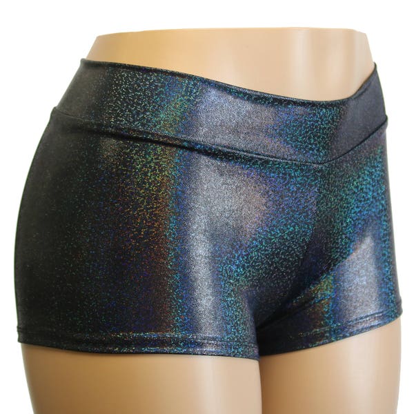 16 Colors of Hologram Spandex Mini Dot Mid Rise Booty Shorts - Child, Adult, and Plus Sizes - Black, Orange, Purple, Green, Gold, Pink...