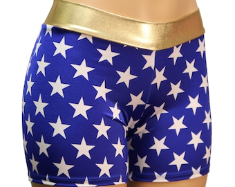 Blue and White Stars Spandex Biker Booty Shorts with a Gold Metallic Waistband!   Adult, Toddler, Child, and Plus Sizes.