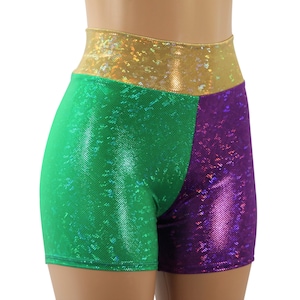Purple Green Gold High Waisted Long Biker Hologram Booty Shorts.  Child, Adult, Plus Sizes.