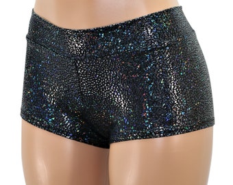 Black Hologram Spandex Mid Rise Cheeky Booty Shorts. - Rave, Festivals, Gym, Dance, Cheer, Pole Dancer, Yoga, Gothic