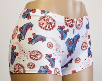Roller Derby Skates Printed Spandex Booty Shorts.  Child, Adult, and Plus Sizes.  Blue Roller Skates!