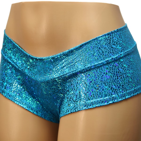 Turquoise Blue Mosaic Hologram Low Rise Cheeky Booty Shorts.   Adult and Plus Sizes. Pole Dancer, Raves, Festival, Summer Shorts, Sparkly...