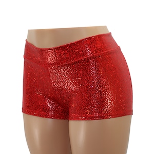 Shorts de tiro medio con holograma de mosaico rojo - Niños, jóvenes, adultos, tallas grandes - Fiestas disco, clubes, raves, festivales, Halloween, San Valentín
