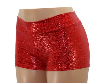 Red Mosaic Hologram Mid Rise Booty Shorts - Child, Youth, Adult, Plus - Disco Parties, Clubs, Raves, Festivals, Halloween, Valentines Day