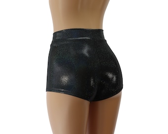 Glittrande svarta holografiska högmidjade fräcka booty shorts
