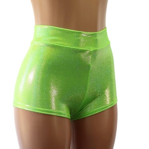 Neon Green Hologram Mini Dot High Waist Cheeky Booty Shorts -  Adult and Plus Sizes - Black Light Glow Parties, Festivals, Beach, Raves