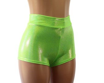 Neon Green Hologram Mini Dot High Waist Cheeky Booty Shorts -  Adult and Plus Sizes - Black Light Glow Parties, Festivals, Beach, Raves