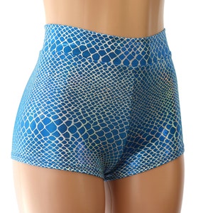 Blue Silver Reptile Snakeskin Animal Print High Waisted Cheeky Booty Shorts