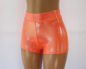 Neon Orange or Neon Pink High Waist Hologram Booty Shorts.
