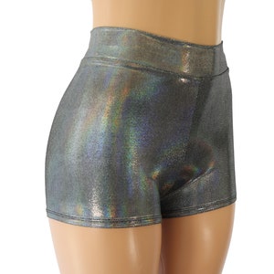 Silver Shiny Mirror Hologram High Waist Booty Shorts.