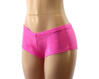 Shorts ajustados de tiro bajo con efecto holográfico rosa fucsia - Conjuntos para fiestas rave y festivales