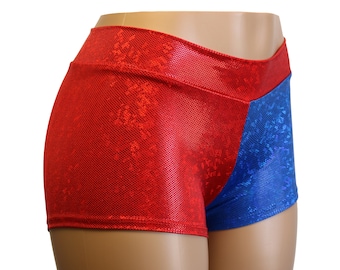 Red and Blue Hologram Mid Rise Booty Shorts - Great for Roller Derby, Cheer, Workouts, Yoga, Festivals, Clubs, Streetwear...