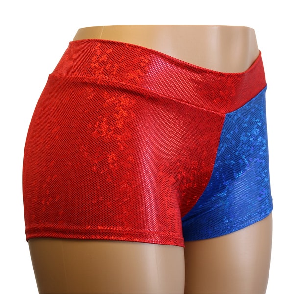 Pantaloncini corti con ologramma rosso e blu a vita media - Ottimi per Roller Derby, allegria, allenamenti, yoga, festival, club, streetwear...