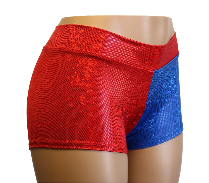 Red and Blue Hologram Mid Rise Booty Shorts Great for Roller Derby, Cheer, Workouts, Yoga, Festivals, Clubs, Streetwear... image 1