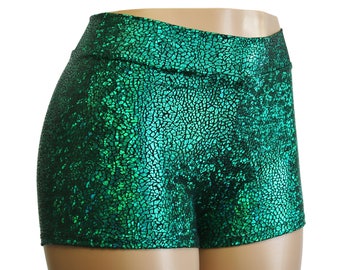 20 COLORS! High Waist Shiny Hologram Booty Shorts.  Silver, Blue, Gold, Red, Purple, Black, Green, Pink, Orange, Turquoise, White, Royal...