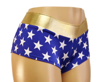 Blue and White Stars with Gold Metallic Waistband Mid Rise Cheeky Booty Shorts.  Adult and Plus Sizes.