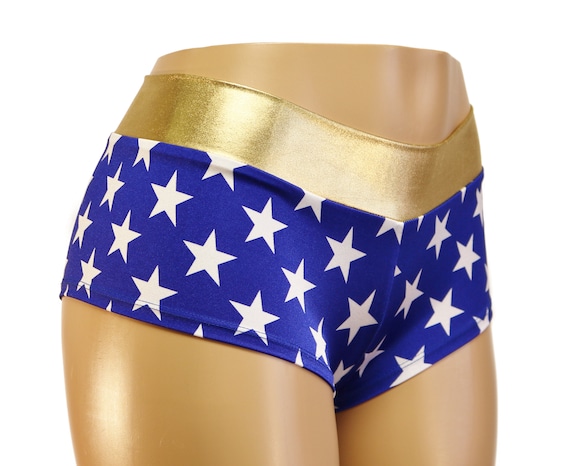 Blue and White Stars With Gold Metallic Waistband Mid Rise Cheeky Booty  Shorts. Adult and Plus Sizes. -  Canada