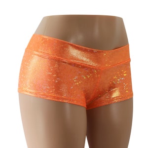 Shorts Holograma Laranja Neon Cintura Baixa Cheeky Booty. Ótimo para Blacklight, Pole Dancing, Raves e Glow Parties! Adulto e Plus Sizes!