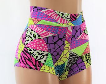 Patchwork High Waist Cheeky Booty Shorts - Bright Neon Colors