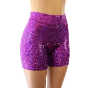 20 COLORS - High Waist Biker Booty Shorts in a Shiny Hologram Spandex - Child, Adult, Plus Sizes - Raves, Roller Derby, Dance, Festival