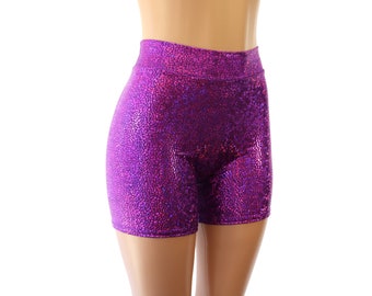 May include: Purple iridescent shorts with a high waist and a textured, shimmery fabric.