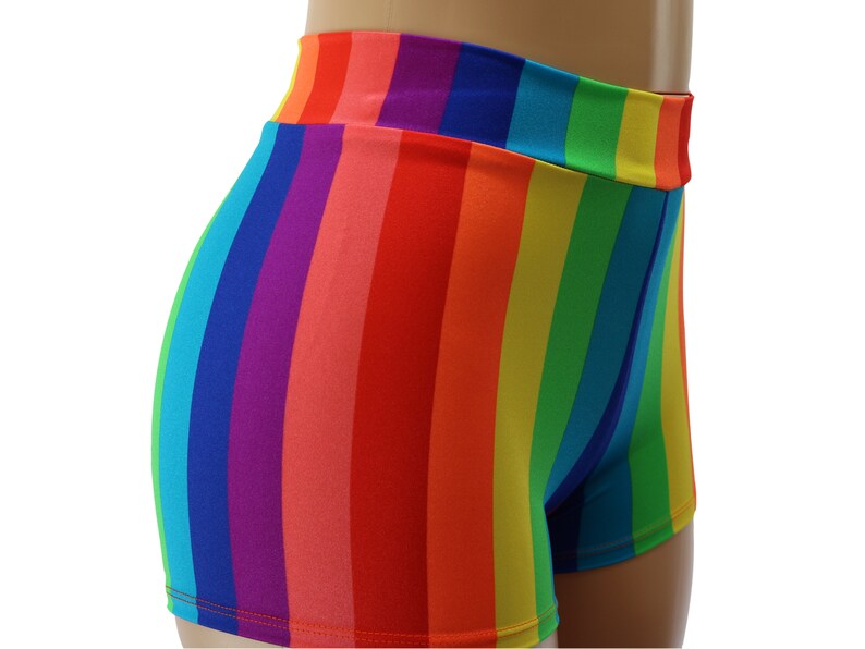 Pu&ograve; includere: Shorts a righe arcobaleno con vita alta e silhouette aderente.