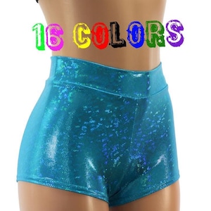 16 COLORS! Cheeky High Waist Sparkly Holographic Spandex Booty Shorts - Festival - Rave - Pole Fitness - Yoga - Workout - Adult and Plus
