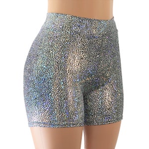 20 Colors of Mosaic Hologram High Waisted Biker Booty Shorts. Orange, Red, White, Silver, Green, Blue Turquoise, Hot Pink, Gold, Black...