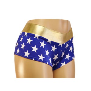 Blue and White Stars with Gold Metallic Waistband Mid Rise Cheeky Booty Shorts.  Adult and Plus Sizes.