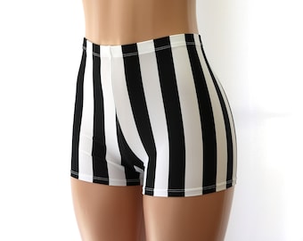 High Waist Black and White Striped Spandex Shorts - Modest Coverage