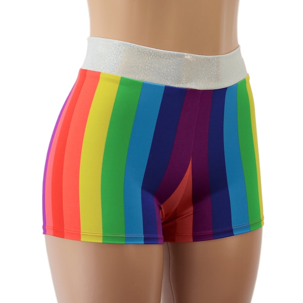 Rainbow Stripe High Waisted Booty Shorts - Available in Child, Adult, and Plus Sizes - Great for Clown Costumes, Festivals, and Dancers